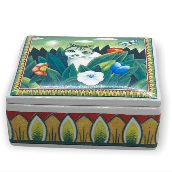 Vintage Russ Berrie cat kitten flowers porcelain trinket box multicolour - Picture 1 of 10